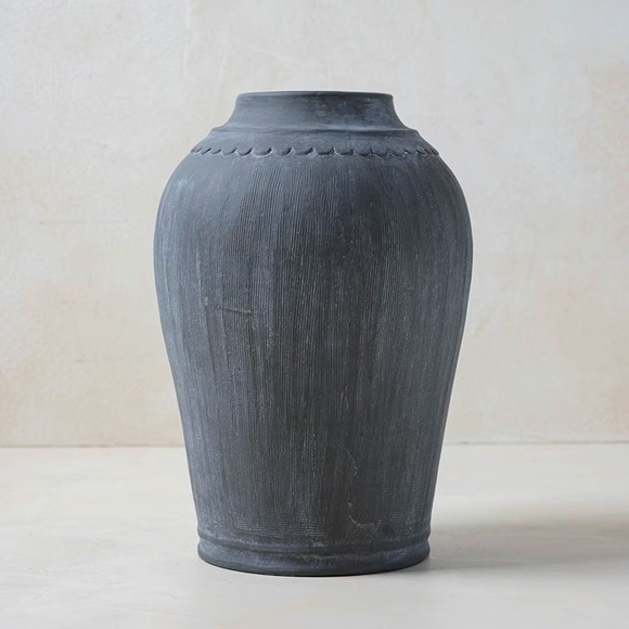 Magnolia Scalloped Black Vase - Large - Distressed Finish Ceramic